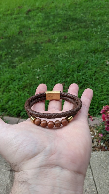 Men Stainless Steel Brown leather Sunstone Bracelet