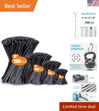 Multiple Size Black Zip Ties 400 Pack - 4" 6" 8" 12" for Indoor & Outdoor Use