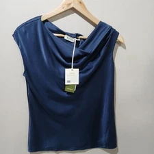 Lilysilk Top Womens 2 Navy Blue Mulberry Silk One Shoulder Blouse NWT