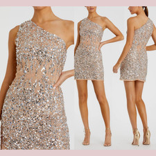 NEW Mac Duggal [ 12 ] 10977 One Shoulder Sheer Hand Beaded Mini Dress Nude S1660