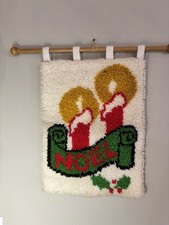 VTG Latch Hook Wall Hanging Christmas Noel Kitsch With Wood Hanger