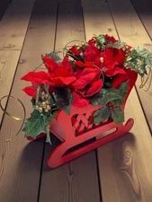 Vintage Red Wooden Sleigh With Faux Poinsettias & Holly Arrangement  Christmas D