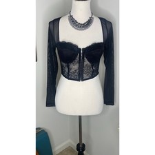 Sincerely Jules Black Lace Bustier Corset Crop Top Sheer Mesh Sleeves L