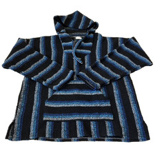 La Casa De Del Sarape Womens Knitted Poncho Hoodie Size L Blue Striped Pockets
