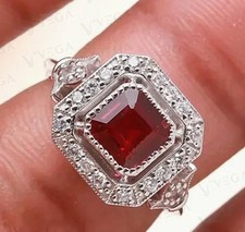 6ct Emerald Cut Natural Red Ruby Gemstones Diamond Ring 18K White Gold Plated