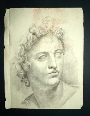 DESSIN ORIGINAL AU CRAYON du 19eme siecle, DESSIN D'UN TÊTE DE STATUE - Photo 1/3