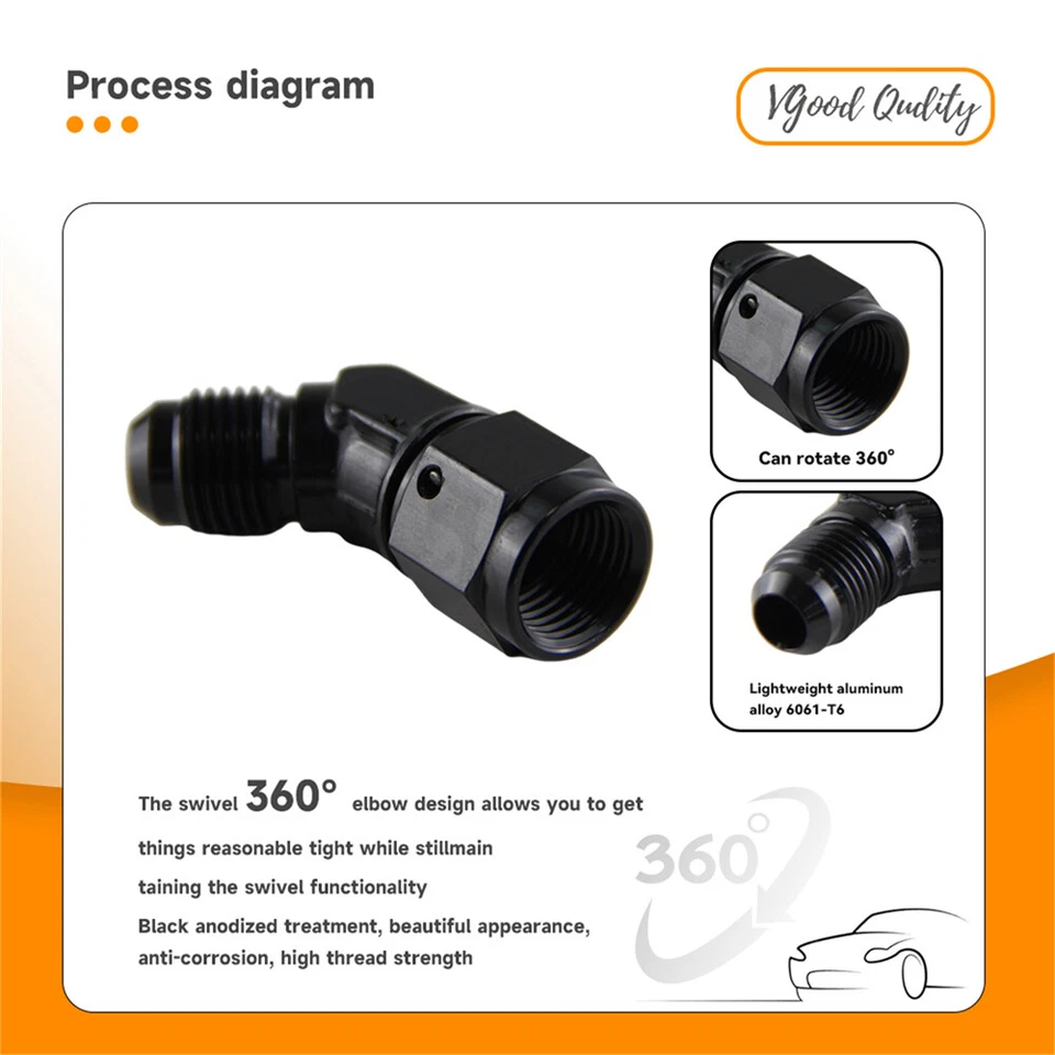 Adaptador de montaje de manguera giratoria de 45 grados an6 hembra a 6AN macho 4 piezas negro Foto 4 de 4