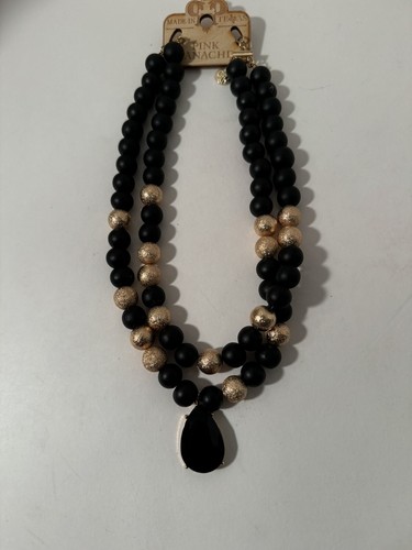 Pink Panache Necklace Black & Yellow Gold Beads Black Tear Drop Stunning New