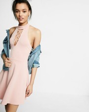 Express Fit and Flare Lace Up Mock Neck Skater Dress Blush Pink Women's Sz Small