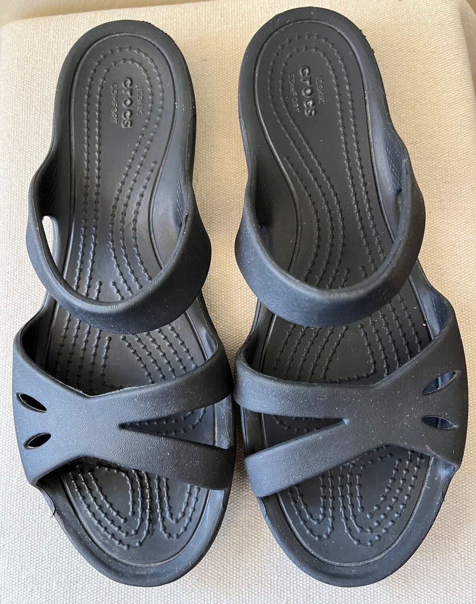 Crocs Size Kelli Black Iconic Comfort Strappy Slide Sandals EUC