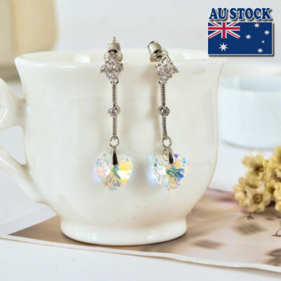 925 Sterling Silver Genuine Elements Crystal 10MM Shiny Heart Drop Stud Earrings