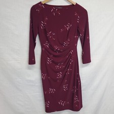 Ralph Lauren Dress Size 0 Maroon Floral Print Long Sleeve Ruched Womens