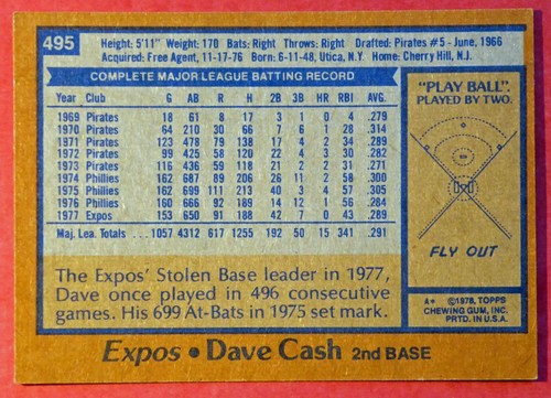 1978 Topps Dave Cash #495 (Expos) Ex-Mint - Picture 2 of 2