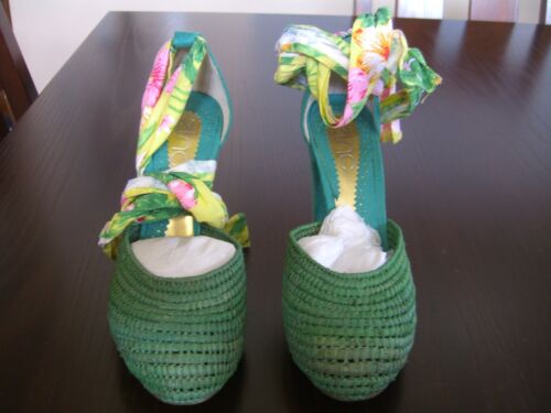 Espadrillas tacchi zeppa zeppa verde zinco/stampa floreale scarpe da donna 6M nuove senza scatola - Foto 1 di 7