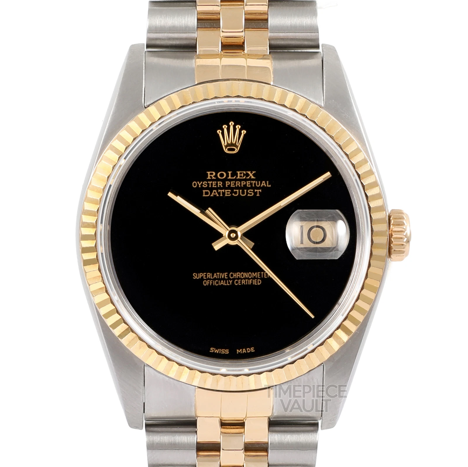 Rolex — ROLEX DATEJUST 16013 WATCH 18K GOLD & STEEL 36MM CUSTOM ONYX DIAL FLUTED BEZEL