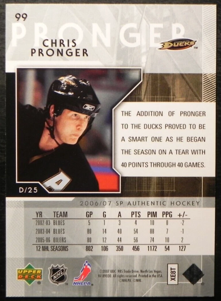 2006-07 06/07 SP Authentic #99 Chris Pronger Anaheim Ducks - Image 2 of 2