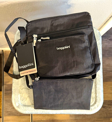 NWT baggallini Black Crossbody Bag with RFID wristlet, adjustable strap