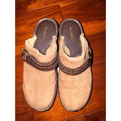 Thom McAn Womens Tan Suede Clogs Faux Fur Lined Mules Braided Strap Wedge Heel