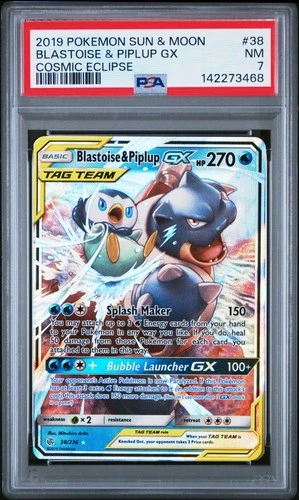 2019 POKEMON SUN & MOON COSMIC ECLIPSE #38 BLASTOISE & PIPLUP GX PSA 7