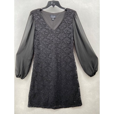 Connected Apparel Dress Women Sz 4 Black Sheath Long Sheer Sleeve Lace Sequins