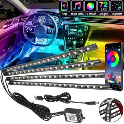 4x 72 LED RGB USB Car Interior Floor Atmosphere Light Strips Bluetooth Phone APP