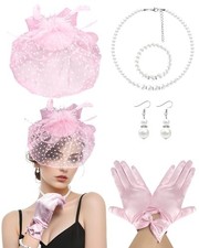 1920s Fascinators Hats for Women Funeral Veil Hat Feather Headband Lace Pink