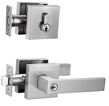  Contemporary Square Brushed Nickel Finish Entry & Deadbolt Combo [Keyed Alike]