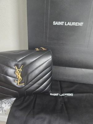 Real YSL Loulou Saint Laurent Black, Chain Strap Shoulder Bag Gold Cheveron, Sml