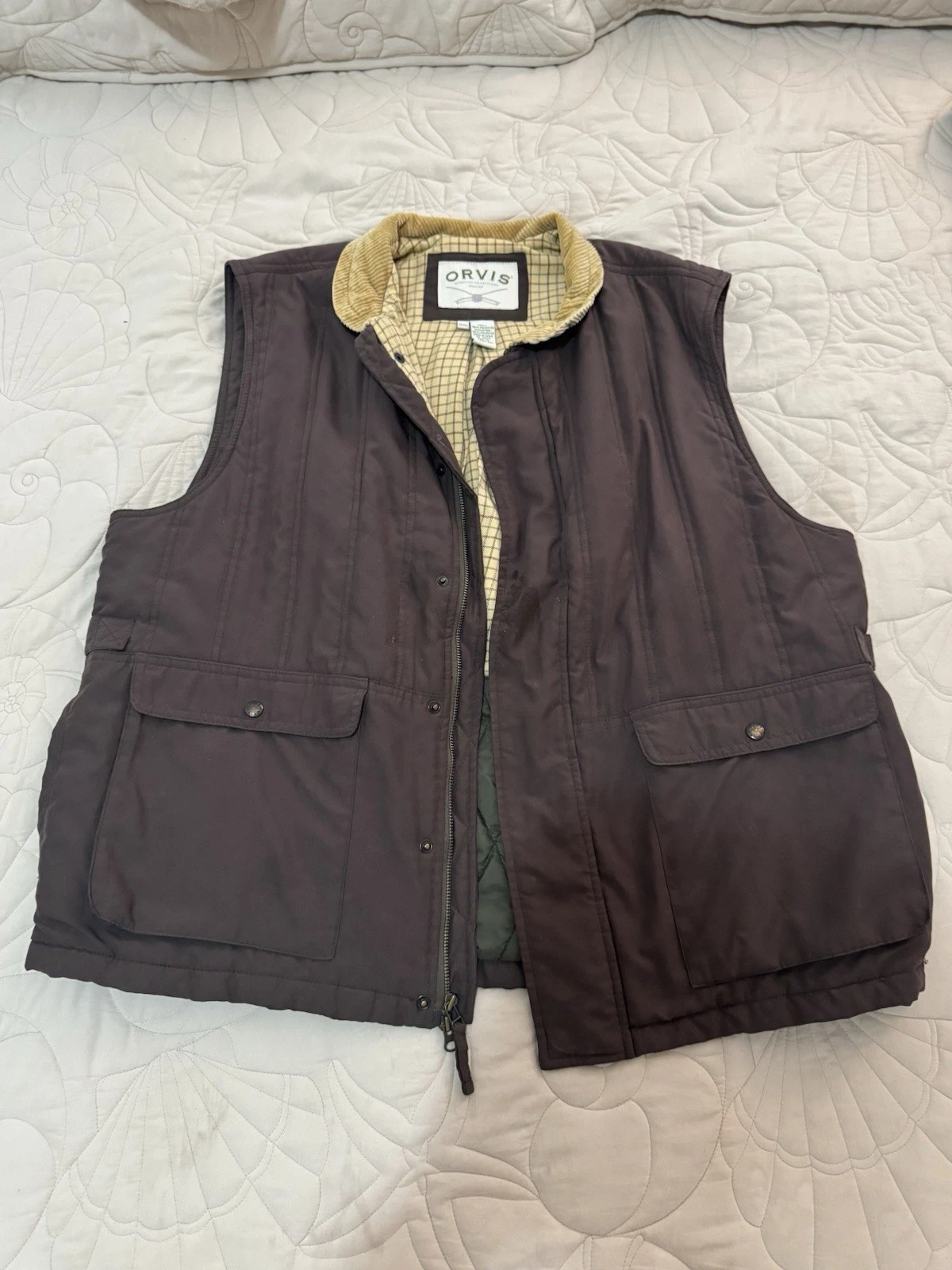 Orvis Vest Men XXL Brown Quilted Outdoor Hunting Field Plaid Corduroy Collar