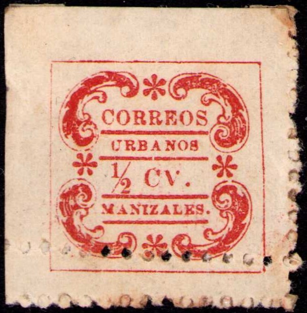 COLOMBIA - MANIZALES - URBAN POST - 1/2 W/ PERF ERROR - Pos 1 - 1910 - Yv 1a RRR