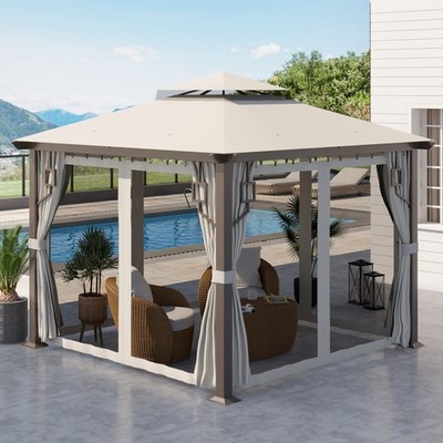 10' Patio Gazebo, Mesh Netting, Curtains, 2-Tier Vented Canopy, Cream White