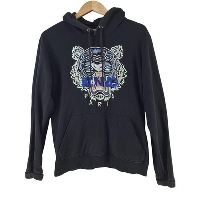 Kenzo Hoodie Mens M Black Tiger Embroidered Graphic Logo Fleece Pullover Paris