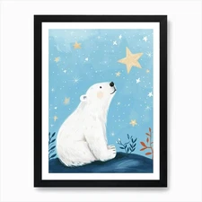 Polar Bear Looking At A Starry Sky  Framed Wall Art Poster Canvas Print Picture
