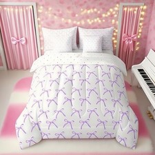 7 Pieces Cartoon Bowknot Kids Comforter Size,Bow Tie Queen Purple White