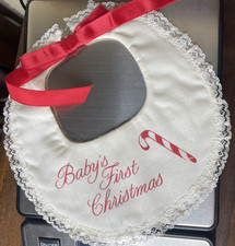 Vintage NOS Baby's First Christmas Baby Infant Candy Cane Red Ribbon Lace Bib