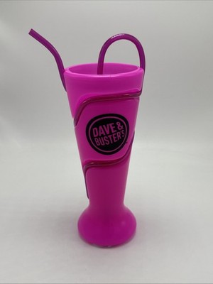 CUP, DAVE & BUSTERS PINK SODA FOUNDATION GLASS W/ ''KRAZY'' STRAW,  New