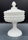 Vintage Fenton White Milk Glass Hobnail Pedestal Lidded Candy Dish 8"