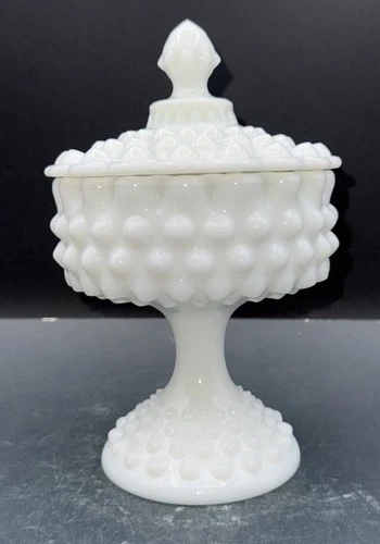 Vintage Fenton White Milk Glass Hobnail Pedestal Lidded Candy Dish 8"