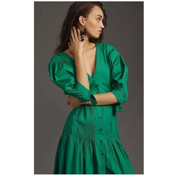 Anthropologie Maeve Pintuck Tie-Sleeve V-Neck Drop Waist Midi Dress Green Medium - Image 3 of 4