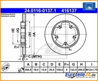 2 St. Bremsscheibe Ate 24.0116-0137.1 FüR Ford