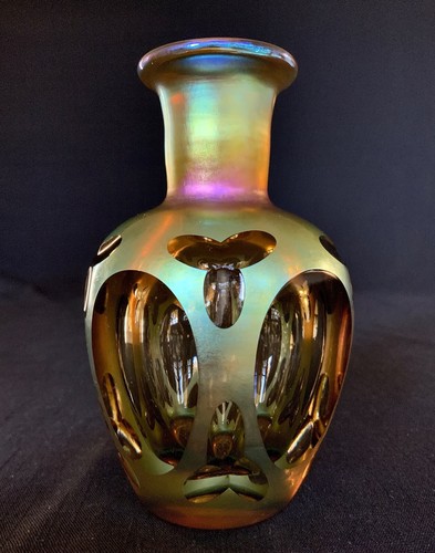 LUNDBERG STUDIOS GOTISCHE TREFOIL 5" VASE UM 1982 IRISIERENDER SCHLIFF AUF KLAR JIM SHAW - Bild 9 von 18