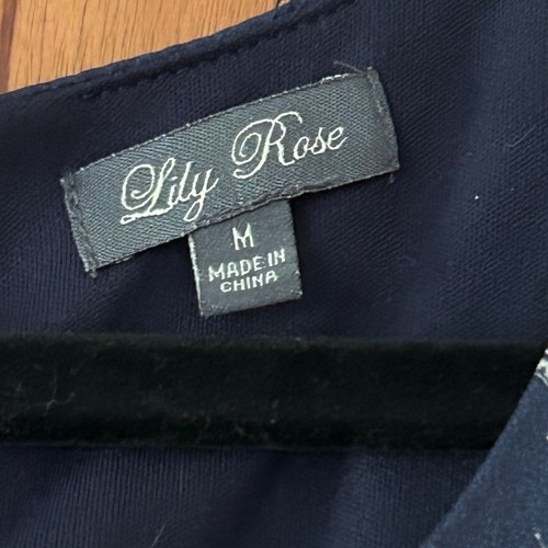 Lily Rose Navy Blue Dress Bird Pattern Roll Tab Sleeve Knee Length Lined Women M - Picture 6 of 10