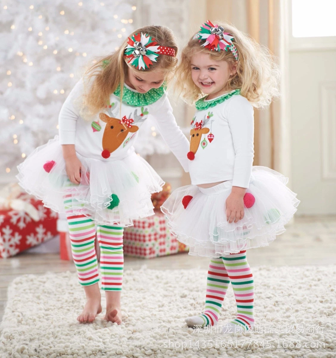 NEW Baby Kids Girls Christmas Reindeer Top Pom Pom Tutu Legging Size 1