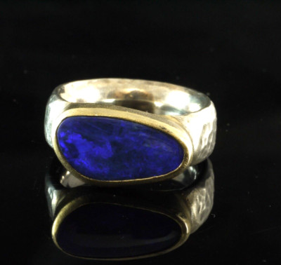 925 Sterlingsilber Ring mit Boulder Opal blau vergoldete Fassung Gr 55