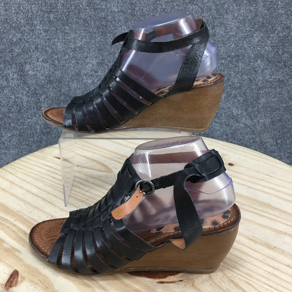 Sandalias Bare Traps para mujer 9,5 M Ivania con tiras de cuero negro cuña ajustable Foto 2 de 4