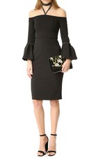 693 ALEXIS "AMELIE" BLACK OFF SHOULDER BELL SLEEVE FITTED MIDI DRESS S SMALL