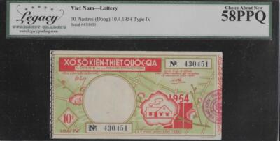Vietnam 10 Piastres Dong Lottery 10. 4. 1954 Type IV LCG 58 PPQ
