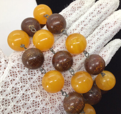 30  VTG Estate Tested Bakelite Bead Ball Necklace Confetti Glitter Honey Yellow