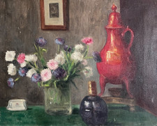 Dipinto antico originale floreale, fiori, rose, natura morta, bevande