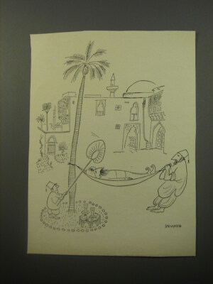 1950 Cartoon by Saul Steinberg - Holding up Hammock
